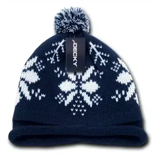 Snowflake Roll Up Beanie-Navy/White